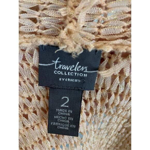 Chicos Size 2 (12/14) Sweater Womens Pink Cardigan Shimmer Open Knit Fringe Fron - Picture 5 of 6